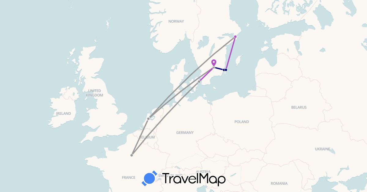 TravelMap itinerary: driving, plane, train in Denmark, France, Netherlands, Sweden (Europe)